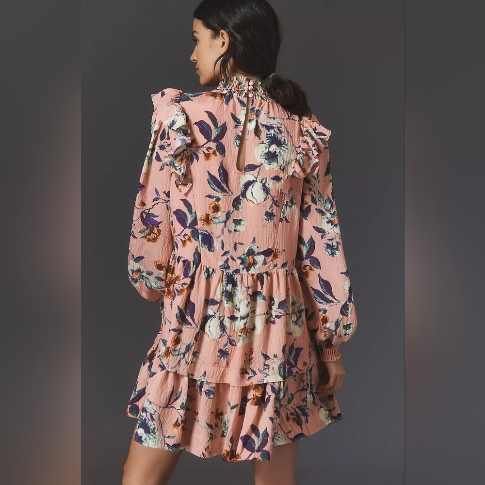 EUC Anthropologie Long Sleeve Floral Smocked Mini Dress Size S - Picture 4 of 13